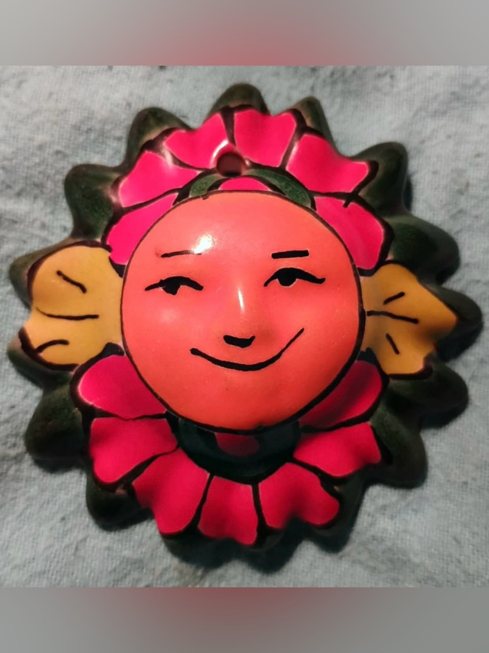 Hand-Painted Ceramic Sun Face Wall Accent - Pink and Orange